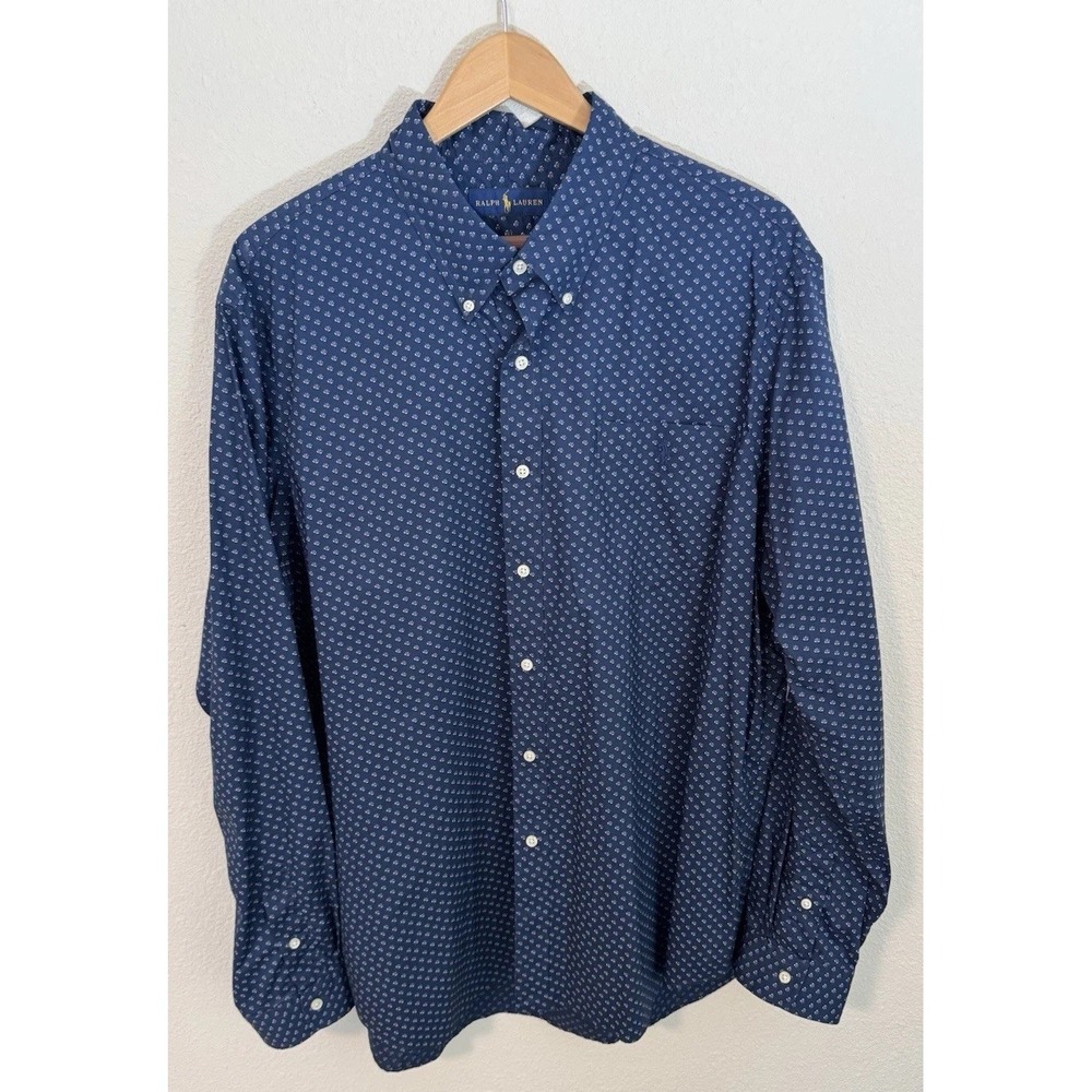 Ralph Lauren Shirt Men's 2XL Blue All Over Print Pony Logo Button Down EUC